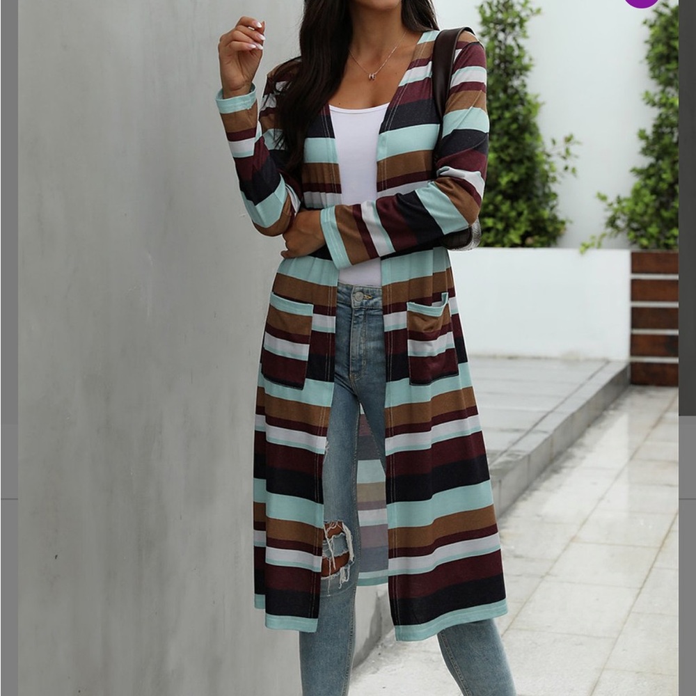 Black Stripe Pocket Longline Open Cardigan. NWOT by Coeur de Vague.